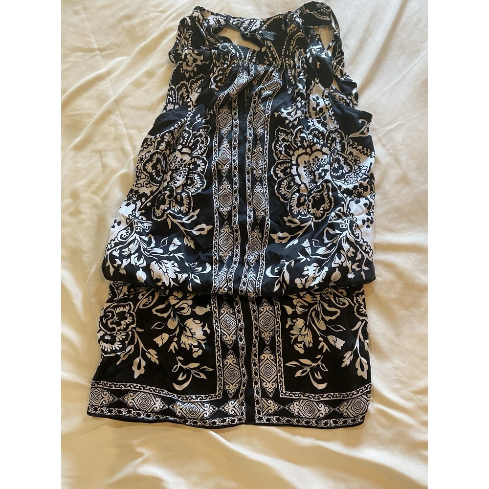 WHBM Tie Shoulder Elastic Waist Black & White 100% Silk Tunic Top Blouse Sz L - Picture 2 of 7